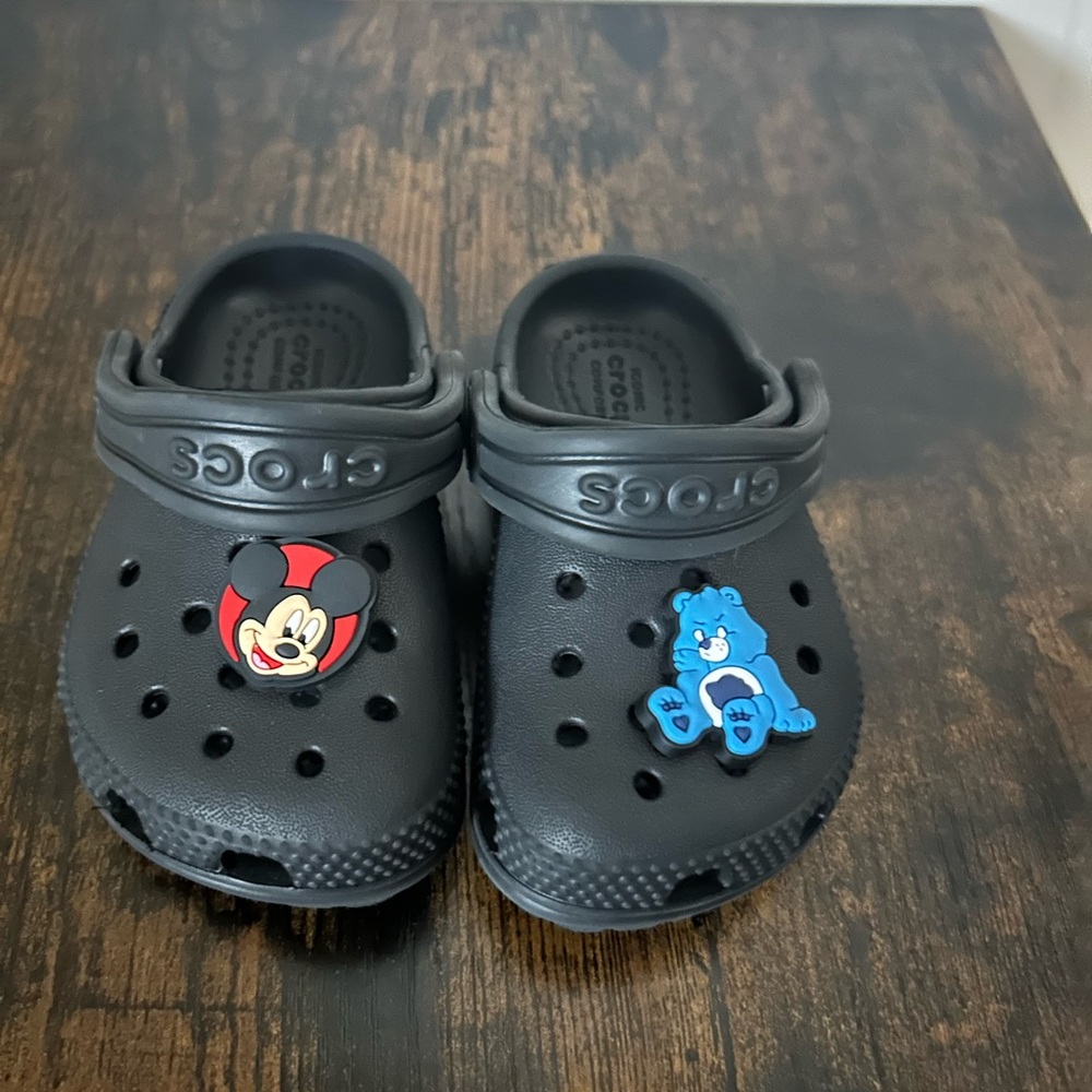 CROCS Kids Black Clogs with Mickey & Blue Bear Jibbitz